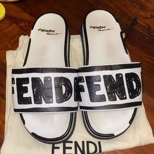 Fendi Black & White Leather Logo Pool Slide (Limited Edition)